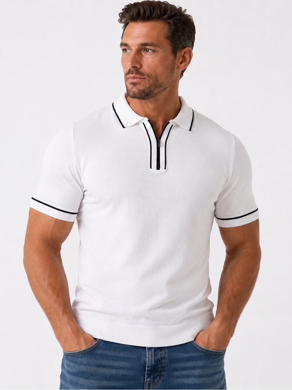 Men's MACEOO White Polo with Black Contrast Trim-Size Medium